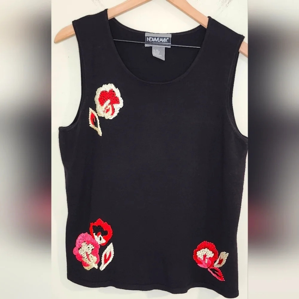 Nouveaux Top Women's Size XL Black Sleeveless Floral Embroidery‎ Summer
